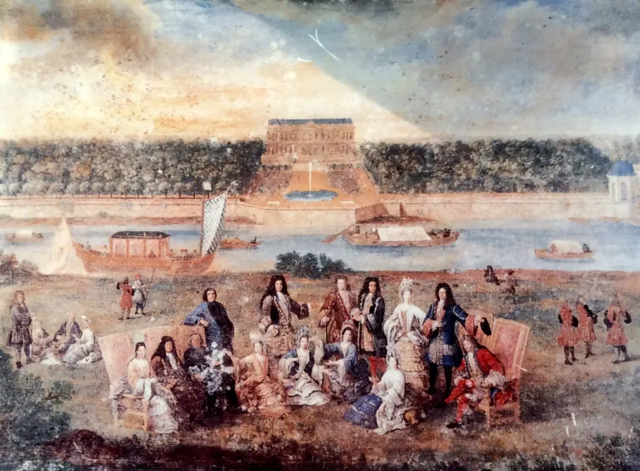 Vue du château de Choisy du côté des parterres et la famille de Louvois Vue du château de Choisy du côté des parterres et la famille de Louvois, gouache