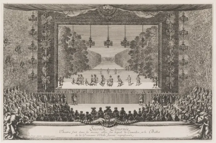 Les plaisirs de l'île enchantée : 2ème journée, 7 mai 1664 : représentation de la comédie ballet de Molière et Lulli "La princesse d'Elide" sur le théâtre de verdure dressé au milieu de l'allée royale