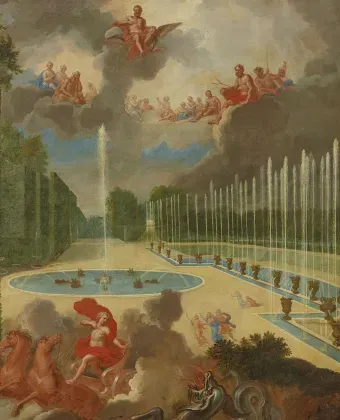 Vue du Bassin du Dragon et de la rampe du bassin de Neptune avec Apollon tuant le serpent Python