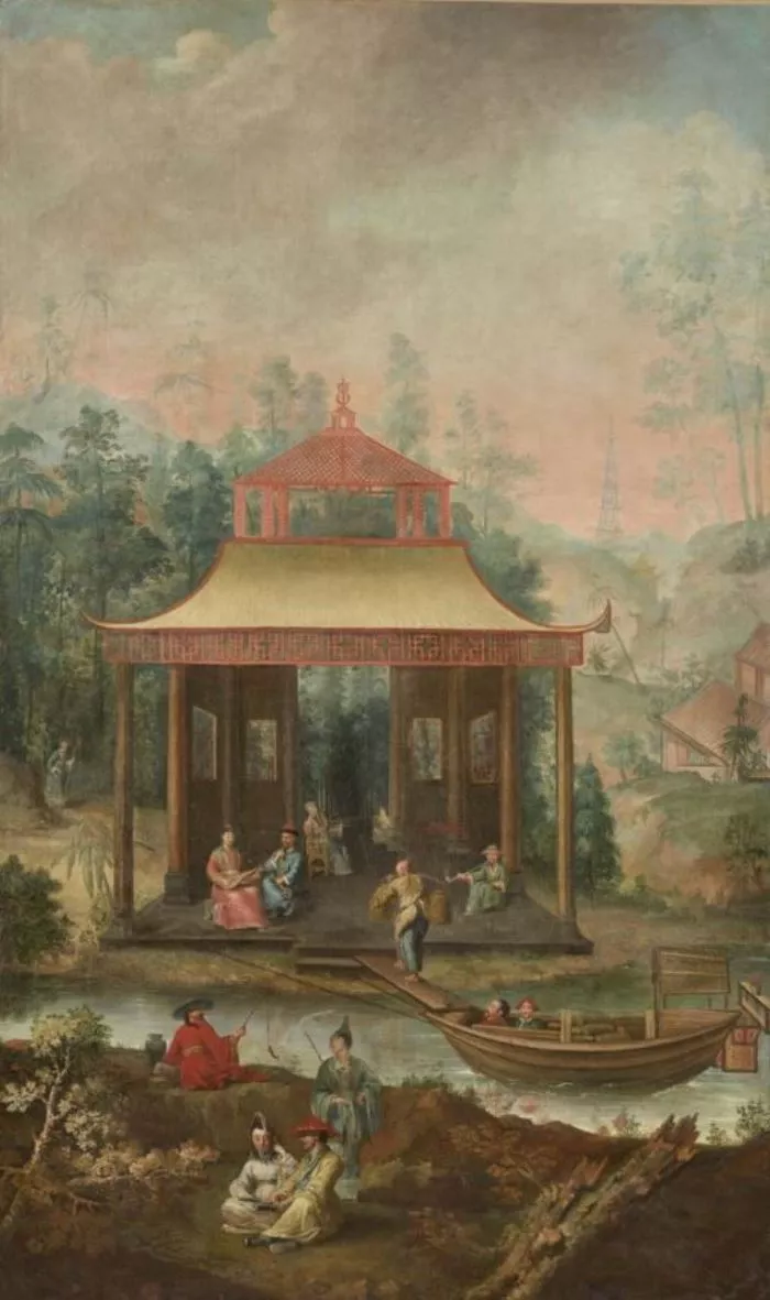 Des esclaves descendant une barque de marchandises et plusieurs Chinois fumant et prenant le thé